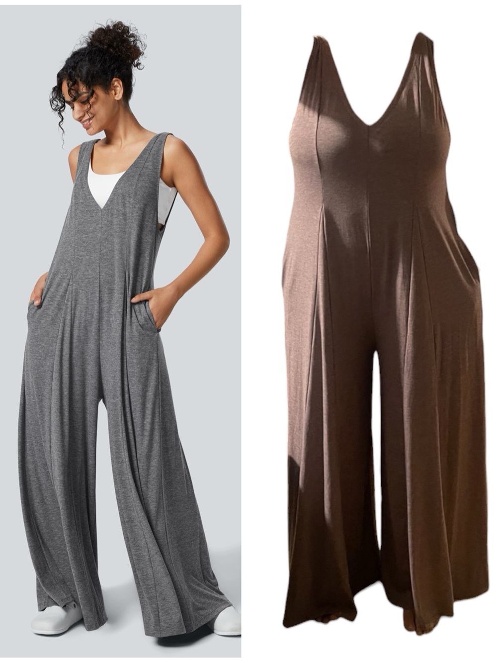 Halara V-neck Pocket Draped Wide Leg Flowy Casual Jumpsuit Dusty Beige Tan Pink
